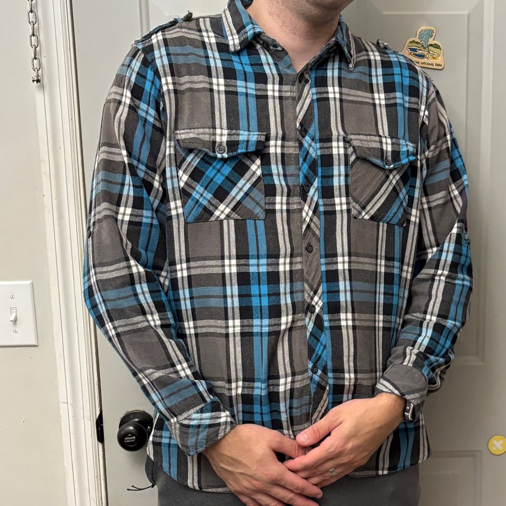 Plaid Button-Up Shirt in Blue and Gray